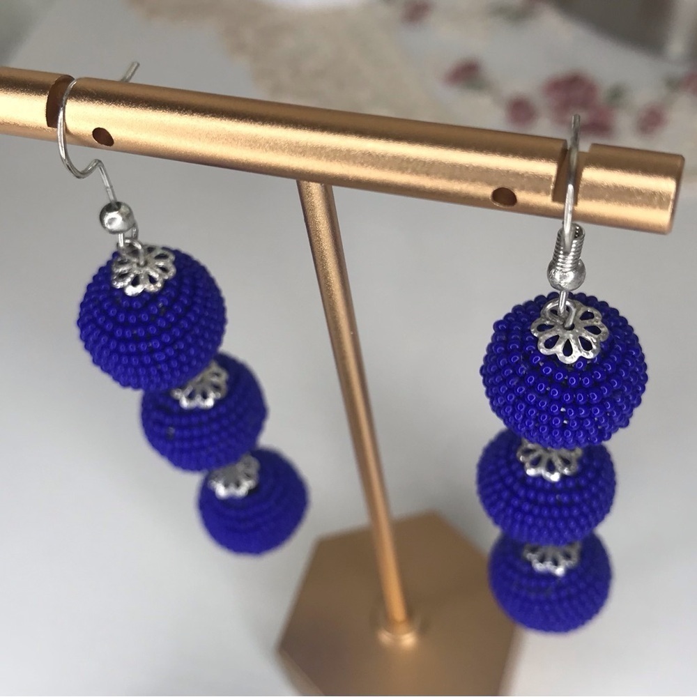 Boho Blue Beaded Earrings - Picture 2 of 2